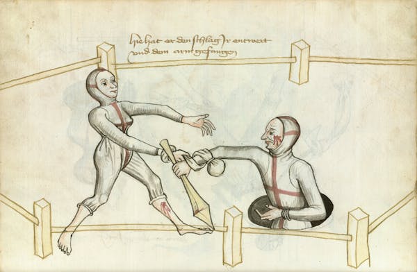 Manuscript illustration of duel between man and woman